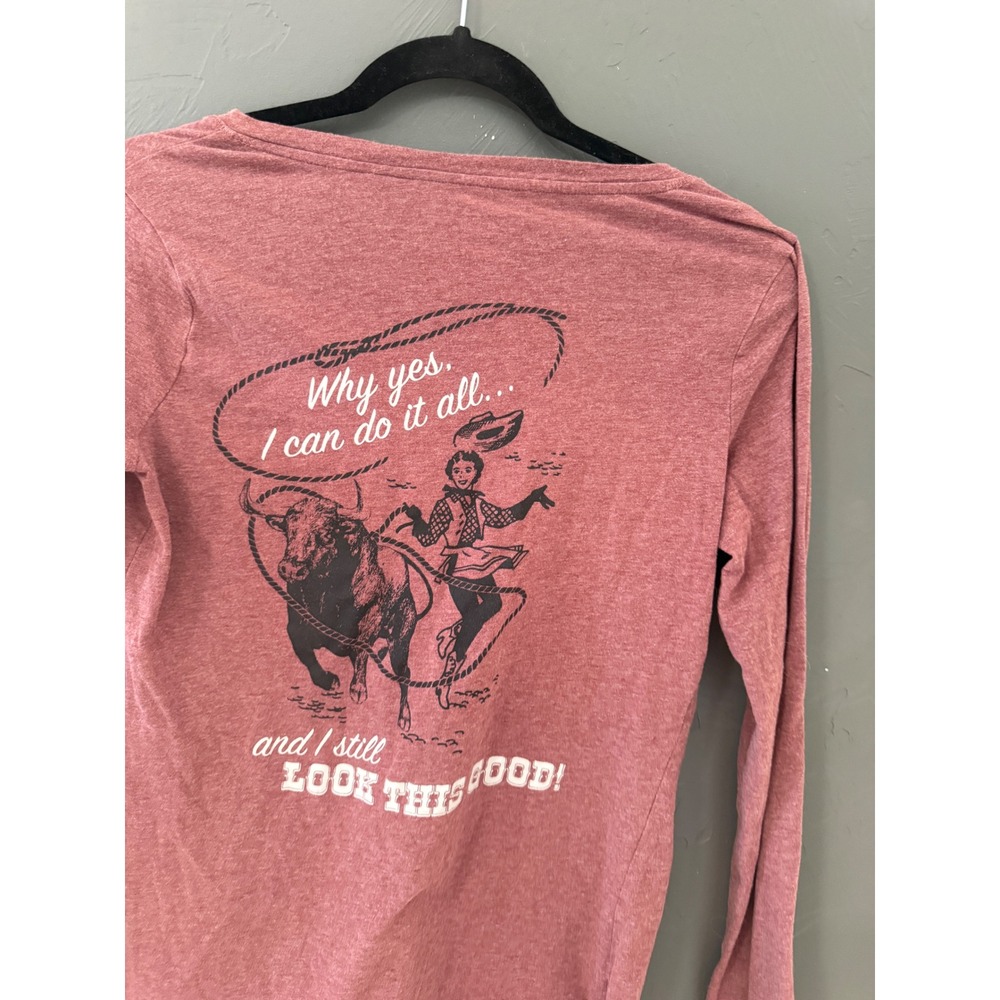 Ariat Womens Small Pink V-Neck Long Sleeve Graphic Tee Cowgirl Rodeo Lasso Shirt
